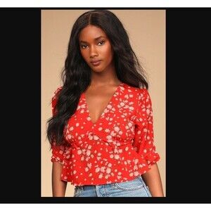 NWT Sage the Label Lulus Red Floral Wrap Top - Puff Sleeve Peplum Blouse-Mediu